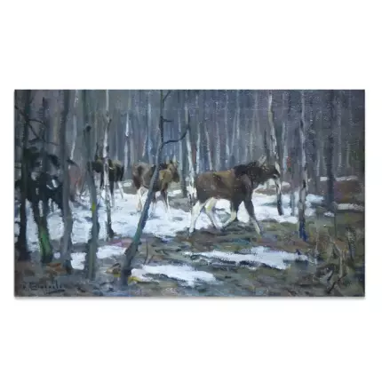 Картина Зимний лес с лосями - Степанов А.С.